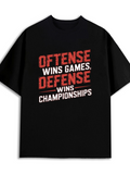 Men's T-Shirt Offense Wins Games Defense Wins Championships With Bold Distressed Block Lettering On Black T Shirt