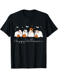 Men's T-Shirt Happy Halloween Playful Dogs With Pumpkins And Bats Under Night Sky