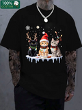 Men's T-Shirt Christmas Snowfall With Three Festive Cats Wearing Hats Antlers And Scarves