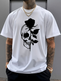 Men's T-Shirt Dark Blooming Rose Growing Withered Over Half Skull