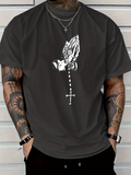 Men's T-Shirt Sacred Hands Praying With Hanging Rosary Cross Pendant