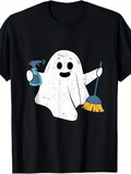 Men's T-Shirt Charming Playful Cartoon Ghost With Spray Bottle And Broom Smiling Ghost