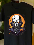 Men's T-Shirt Glowing Halloween Night With Bats Pumpkins And Full Moon Skull