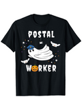 Men's T-Shirt Postal Worker Halloween Ghost With Flying Envelopes And Pumpkin Under Night Sky