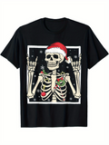 Men's T-Shirt Festive Skeleton With Christmas Lights And Santa Hat Amid Falling Snow