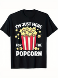 Men's T-Shirt Im Just Here For The Popcorn In Red Striped Box Surrounded By Popped Corn Snack