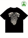 Men's T-Shirt Mechanical Engine Parts Entwined With Anatomical Heart Drawing On Black T Shirt