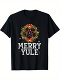 Men's T-Shirt Merry Yule Festive Wreath With Holly Leaves Berries And Stars Pentagram
