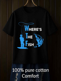 Men's T-Shirt Wheres The Fish Playful Cartoon Fisher With Leaping Bass