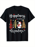 Men's T-Shirt Happiness Is Being A Grandma With Snowflakes Christmas Trees And Playful Snowman