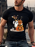 Men's T-Shirt Playful Ghost With Stacked Pumpkins And Flying Halloween Bat