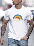 Men's T-Shirt Rising Sun Over Stylized Mountains With Retro Rainbow Arc