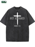 Men's T-Shirt Not Ashamed White Painted Cross With Textural Distressed Washed Black Fabric T Shirt
