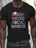 Men's T-Shirt Very Merry Words In Holiday Colors With Festive Santa Hat Social Worker