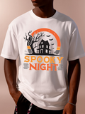 Men's T-Shirt Spooky Night Haunted House With Bare Tree Under Orange Moonlight