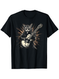Men's T-Shirt Electric Guitar With Cool Cat Surrounded By Fiery Golden Bursts