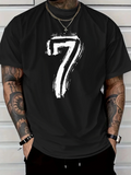 Men's T-Shirt Brushstroke Painted White Number Seven On Black Shirt