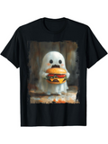Men's T-Shirt Spooky Halloween Treat With Adorable Ghost Holding Juicy Cheeseburger