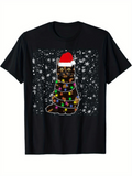 Men's T-Shirt Christmas Lights Wrapped Cat With Santa Hat And Snowfall