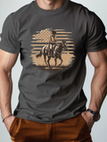 Men's T-Shirt Vintage American Flag With Cowboy On Horse In Open Field
