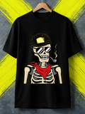 Men's T-Shirt Stylish Skeleton With Sunglasses Helmet Smoking Bandana