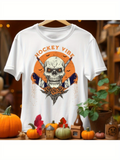 Men's T-Shirt Hockey Vibe Skull With Autumn Leaves Orange Bats Sticks And Pumpkins