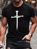 Men's T-Shirt Minimalist Religious Symbol With Stylized Outline Cross Motif