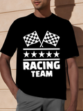 Men's T-Shirt Bold White Stars With Racing Flags Over Speeding Racing Team