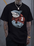 Men's T-Shirt Powerful Cartoon Shark With Red Jersey Clenched Fist Graphic