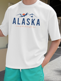 Men's T-Shirt Alaska Mountain Illustration With Orange Sun And Blue Skyline