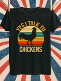 Men's T-Shirt Yes I Talk To Chickens Retro Striped Sunset With Black Silhouette Chicken