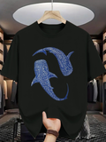 Men's T-Shirt Two Spotted Blue Sharks Swimming Gracefully Through Deep Black Ocean Water Shark