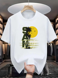 Men's T-Shirt Sunny Palm Trees With Yellow Setting Sun And Flying Birds