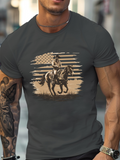Men's T-Shirt Vintage American Flag With Cowboy Riding Through Open Grassland Horse