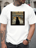 Men's T-Shirt Lonely Night Cat Gazing Through Rainy Window Into City Lights