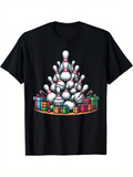 Men's T-Shirt Bowling Pins Arranged In Tree Shape Surrounded By Colorful Gift Boxes