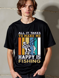 Men's T-Shirt All It Takes To Make Me Happy Is Fishing Retro Sunset Angler With Catch