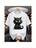Men's T-Shirt Moody Cartoon Art With Fluffy Fur Sitting Black Cat