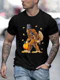 Men's T-Shirt Falling Autumn Leaves With Bigfoot Carrying Pumpkin And Turkey