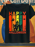 Men's T-Shirt Happy Halloween Haunted Houses With Bats Full Moon And Bare Trees