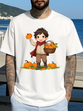 Men's T-Shirt Autumn Harvest Child With Pumpkins Scarf Under Blue Sky
