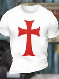 Men's T-Shirt Bold Red Saint Cross Pattern Centered On White Shirt