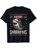 Men's T-Shirt Merry Sharkmas Festive Santa Hat Shark With Colorful Holiday Lights
