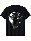 Men's T-Shirt Enigmatic Black Cat With Bat Wings Under The Full Moon Night Sky