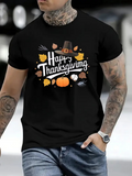 Men's T-Shirt Happy Thanksgiving Autumn Leaves And Pumpkins With Pilgrim Hat Pumpkin