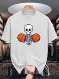 Men's T-Shirt Quirky Skeleton Holding Two Bright Orange Basketballs