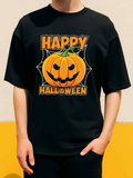 Men's T-Shirt Happy Halloween Glowing Orange Pumpkin With Smiling Face Surrounded By Web Pumpkin