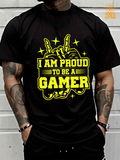 Men's T-Shirt I Am Proud To Be A Gamer Electric Neon Letters With Hand Gesture Surrounded By Shining Stars Gamer