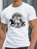 Men's T-Shirt Galloping Wild Horses Under Bright Full Moon Night Sky