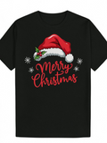 Men's T-Shirt Merry Christmas Red Santa Hat With Winter Snowflakes Surrounding Festive Lettering